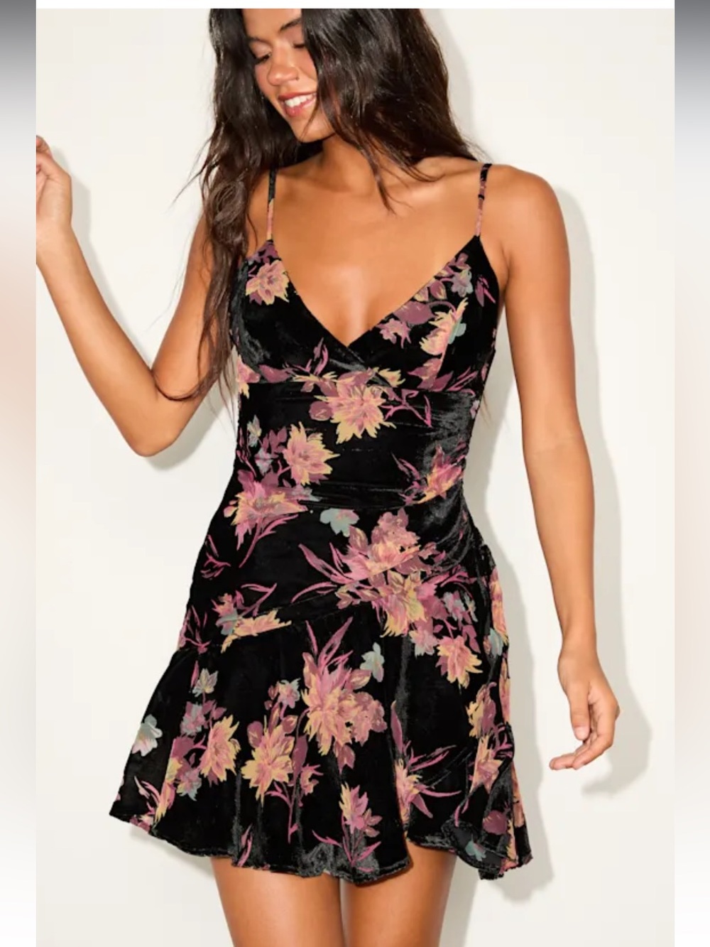 Lulus Devi Black Velvet Burnout Floral Surplice Whimsigoth Mini Dress NWT Sz M